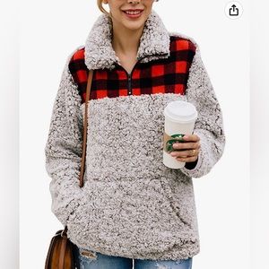 BTFBM Fashion Color-Block Plaid Print Zipper Sherpa Pocket Pullover